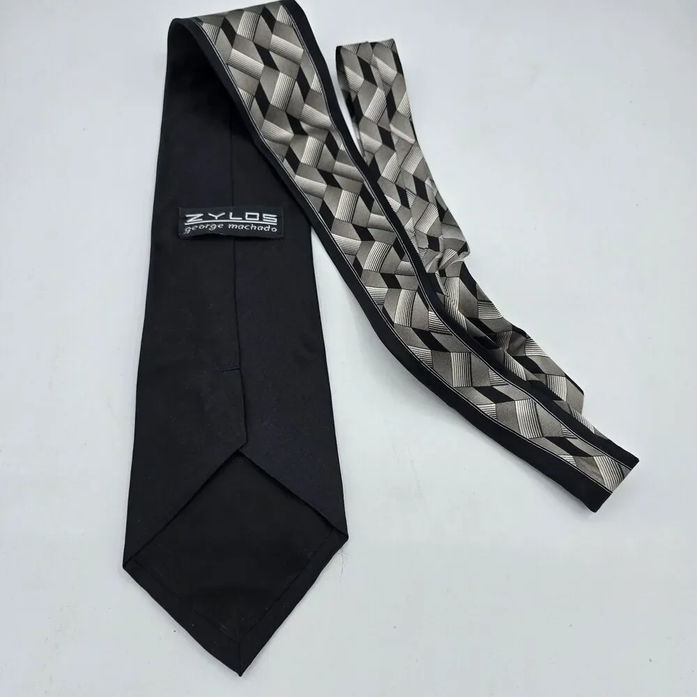 Zylos George Machado Necktie Gray Geometric Square Silk 58 X 4in Vintage